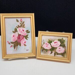 Vintage Framed Pink Rose Oil Paintings By B. Fox Set Of 2